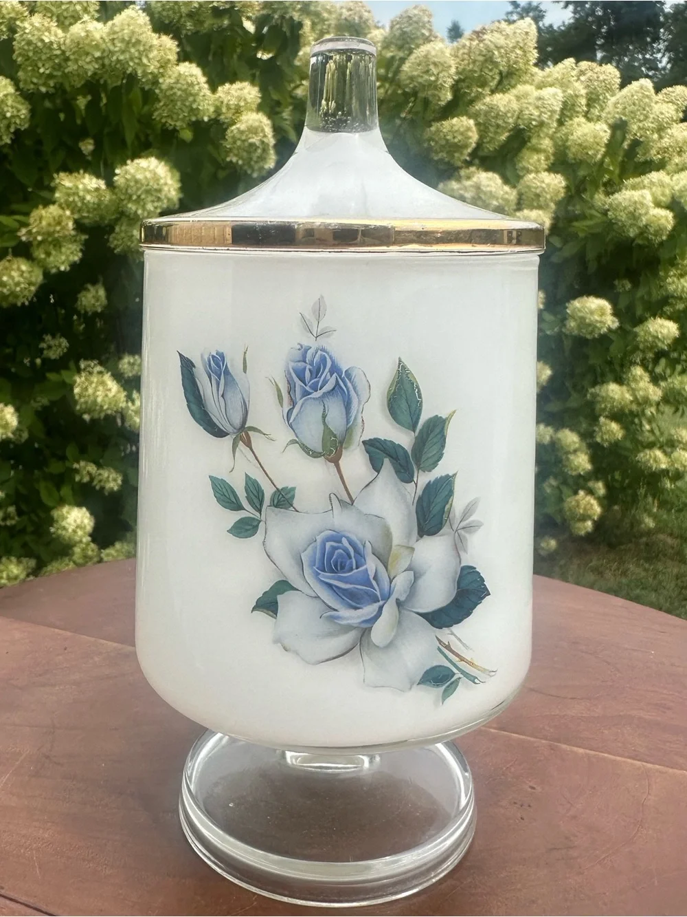 Vintage Decorative White Glass Pedestal Jar with Blue Rose Motif and Gold Trim